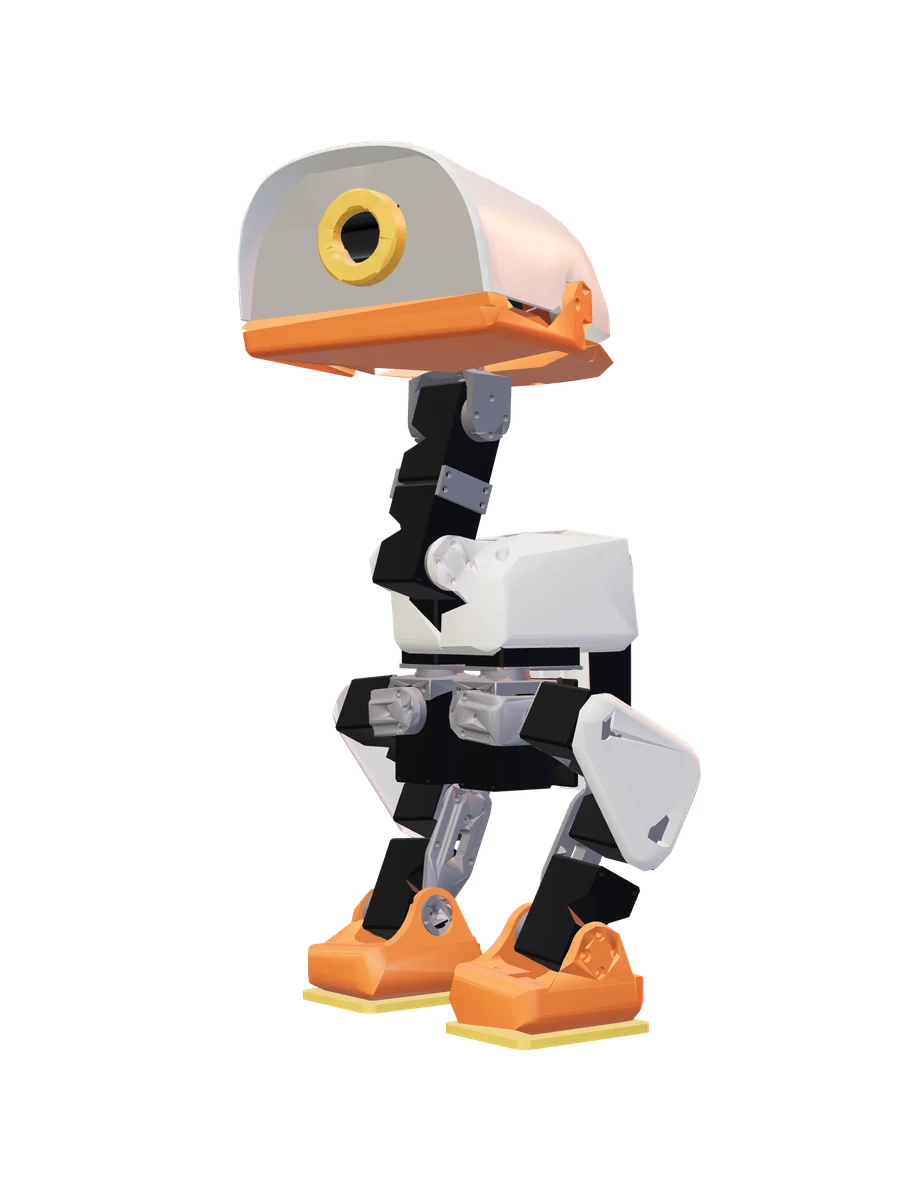 Duck, a small open-source biped robot with a white dome head, an amber eye ring and orange feet.